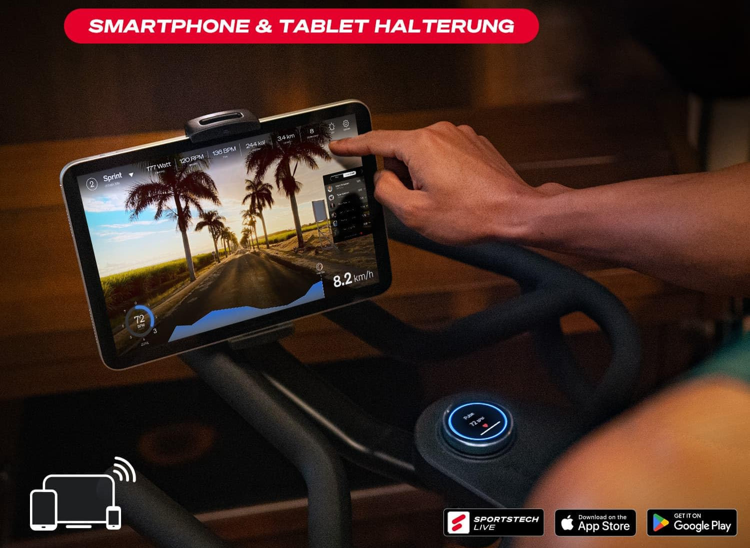 Sportstech sBike Lite - Smartes Heimtrainer Fahrrad mit LED - Deutsche Qualitätsmarke - App mit Kursen und 360° Tablet-Halterung für Full Body Workout - Ergometer