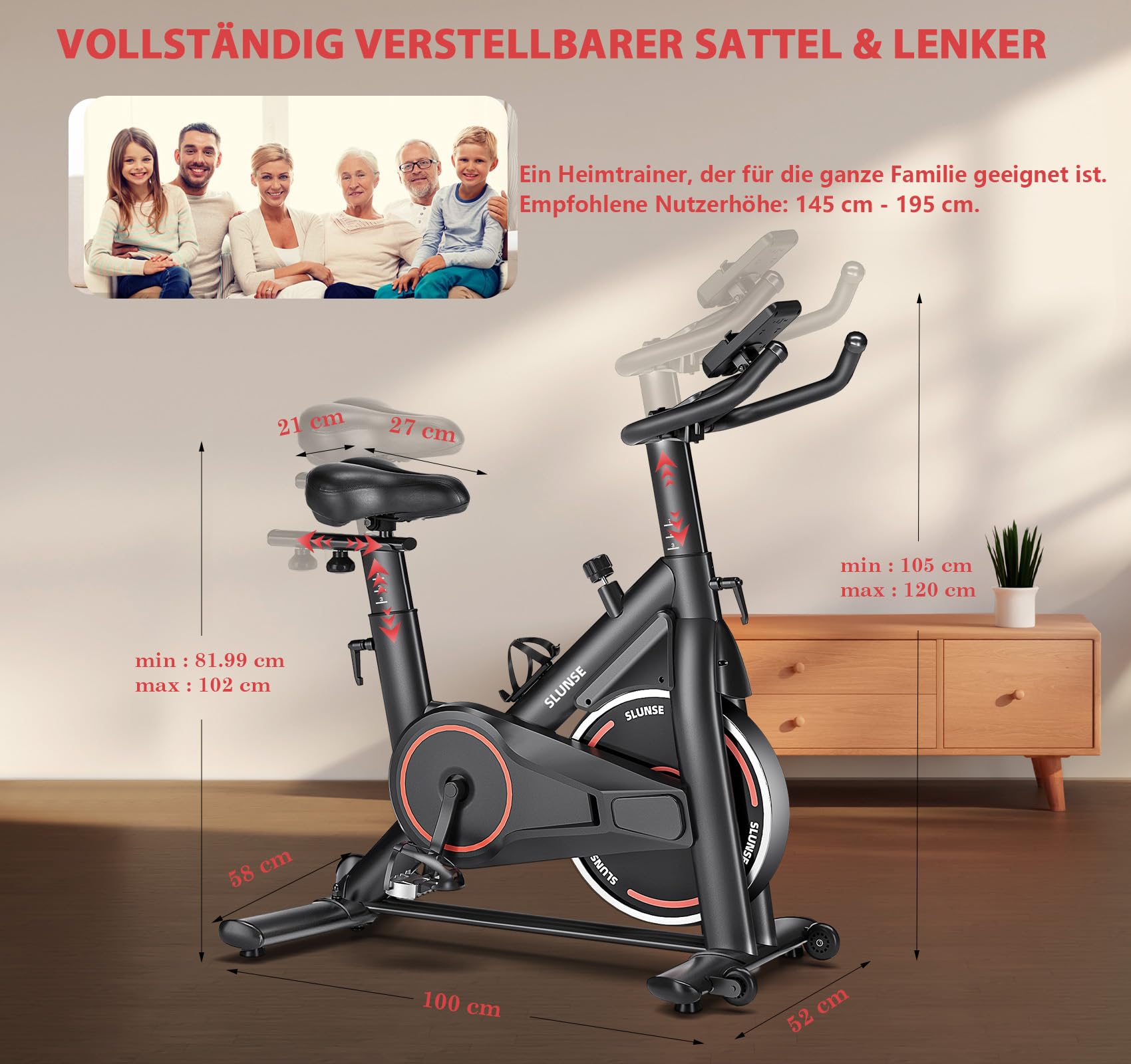 Heimtrainer Fahrrad mit App, SLUNSE Leises Hometrainer Ergometer mit Verbessertem LCD-Monitor, Spinning Bike Indoor mit Verstellbarem Widerstand, Fitnessbike bis 160KG für Kardio-Training zu Hause